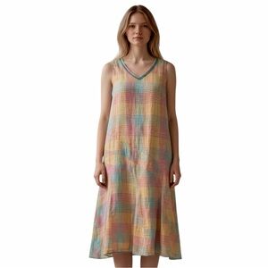 Global Desi Boho Chic Cotton Fit & Flare Dress - Multi-Color Plaid Size Medium